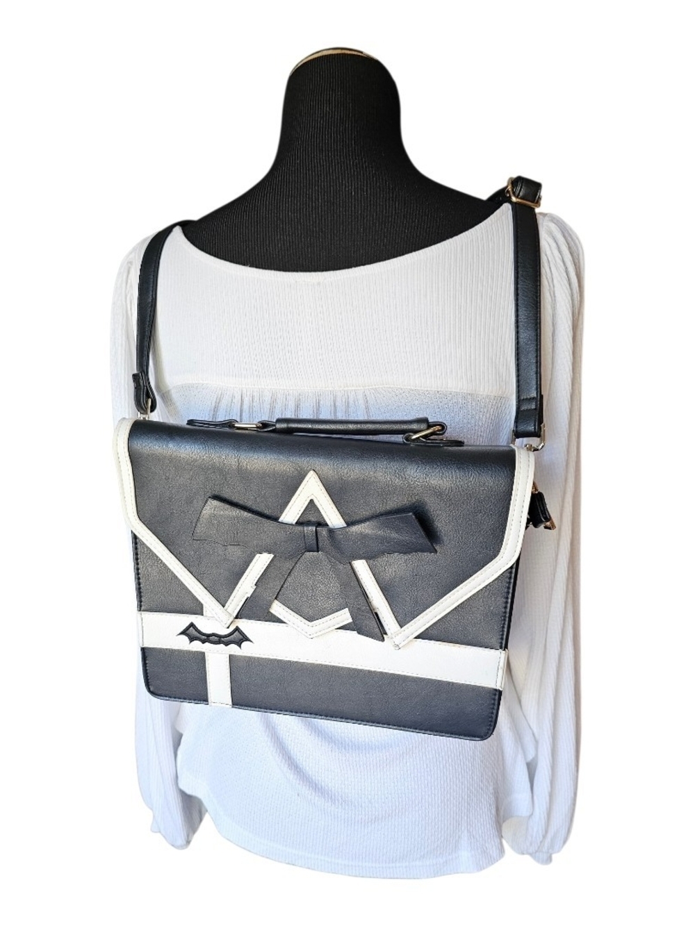 Black White Gothic Lolita Convertible Backpack Crossbody Bat Bow Bag